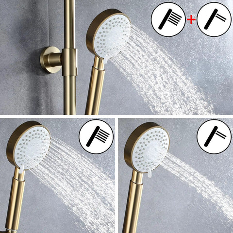 UMJIGF 10 Inch Shower System Brushed Gold Shower Faucet Set Wall Mounted Brass Shower Combo Set Dual Handle Mixer Shower with Shower Head, 3 Mode Handheld Shower, Tub Spout showing three spray modes.
