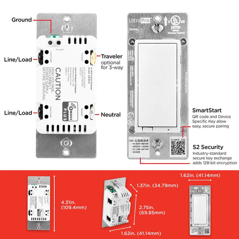 Z Wave Smart Dimmer With QuickFit And SimpleWire, 3 Way Ready, works with Alexa and Google Assistant, white paddle dimensions