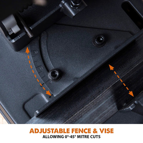 Adjustable fence and vise on 14 Inch Chop Saw For Do It All Materials With One Blade Cuts Metal Plastic Wood And More Miter Up To 45 Degrees Includes TCT Blade For Nails And Steel, showing 0-45 degree mitre cuts scale.