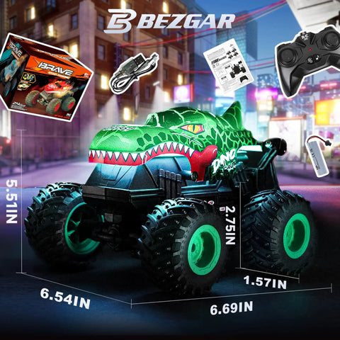 Monster Truck Remote Control Car With Lights And Music 1 To 20 Scale RC Truck For Kids Aged 4 To 7, green monster design