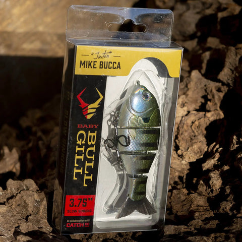 Packaging of Mike Bucca Baby Bull Gill Swimbait, 3.75 Inch, Three Quarters Ounce Ruby Gill, for largemouth bass fishing.