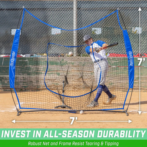 Player hitting into Team Tone 7 Ft By 7 Ft Baseball And Softball Practice Net For Hitting, Pitching, Fielding And Backstop Use In Royal Team Color.