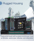 Workhorse Industrial Eight Port PoE Plus Gigabit DIN Rail Mountable Switch With Two Shared SFP Ports 240W PoE in rugged housing