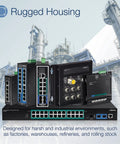 Industrial 5-Port Fast Ethernet DIN Rail Switch With rugged housing in an industrial setting, NDAA and TAA compliant.