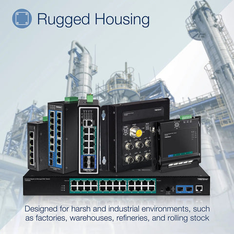 Industrial 5-Port Fast Ethernet DIN Rail Switch With rugged housing in an industrial setting, NDAA and TAA compliant.
