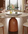 53 Inch Round Dining Table With Smooth Rotating Lazy Susan And Solid Hourglass Base Delivers A Clean Marble Look Top Crafted For Relaxed Weekend Hangouts Seats 6 To 8 In Brown in modern dining room.