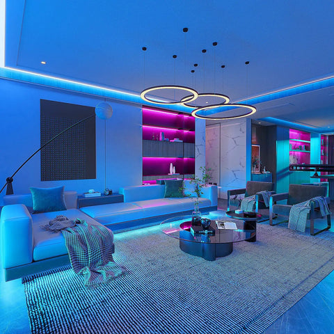 Modern living room with Bluetooth LED Strip Lights For Bedroom 32.8 Feet With Remote And 24V Power Supply, blue lighting