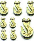 Pack Of 8 Grade 70 Clevis Grab Hooks 3/8 Inch Yellow Chromate Finish Drop Forged Steel Zinc Plated Pin 6600 Lb Working Load Limit tough hooks displayed against a white background.