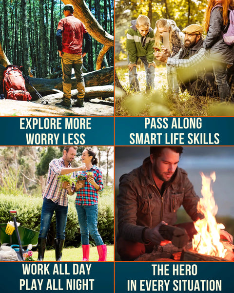 Collage of outdoor activities showing hiking, learning, gardening, and campfire with themes of exploration, skills, work, and heroism.