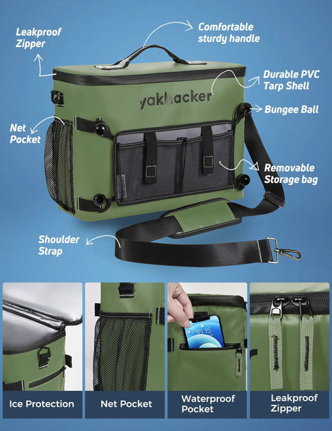 Green Waterproof Kayak Cooler Bag With Seat Back Design featuring leakproof insulated compartments and storage pockets.