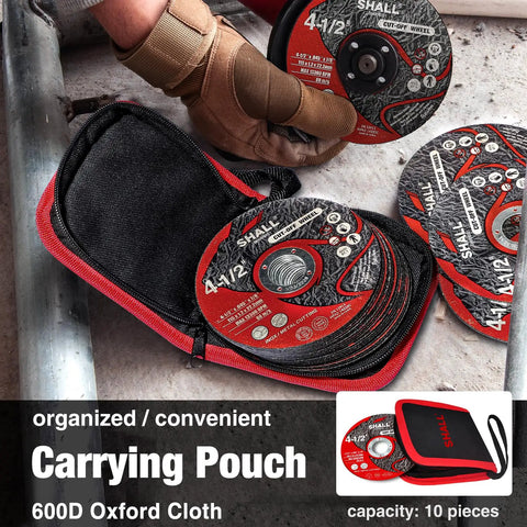 Person holding Beastly Heavy Duty 25 Pack Cut Off Wheels For Angle Grinder With Pouch Four And A Half Inch By Seven Eighths Inch