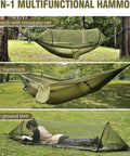 3-in-1 Mosquito Net Camping Hammock With Lightweight Parachute Nylon setup as hammock, tent, and with mosquito net in park setting.