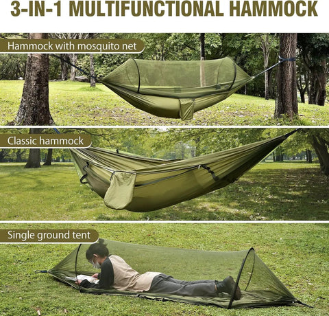 3-in-1 Mosquito Net Camping Hammock With Lightweight Parachute Nylon setup as hammock, tent, and with mosquito net in park setting.