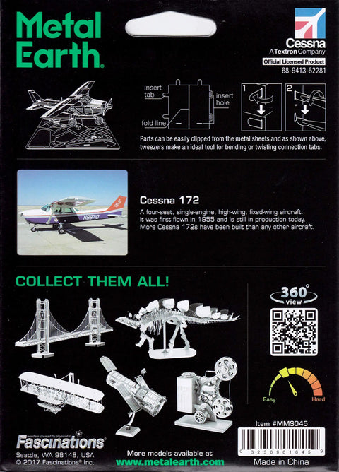 Packaging back of Cessna 172 Airplane 3D Metal Model Kit For Hobbyists Unassembled No Glue Or Solder Needed Easy Clip And Bend Build With Tweezers Fascinations Metal Craft Kit For Collectors