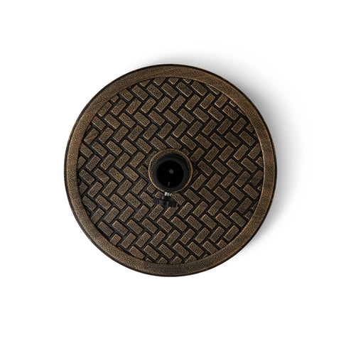Top view of Heavy Duty 26.5 Lb Bronze Umbrella Stand For Patio Base With 15 Inch Diameter Stone Core And Resin Coating Wind Resistant Fits Poles