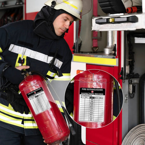 Firefighter using fire extinguisher with inspection tag near fire truck, close-up of inspection record visible.