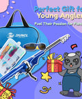 All In One Kid Friendly Fishing Pole Set With Portable Folding Rod And Spincast Reel 80m Monofilament Line Tackle Box Of Lures And Accessories Included Kids Sunglasses And Travel Bag For Boys Ages 3 To 15 displayed with blue bag, tackle box, sunglasses, and cartoon bear.