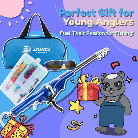 All In One Kid Friendly Fishing Pole Set With Portable Folding Rod And Spincast Reel 80m Monofilament Line Tackle Box Of Lures And Accessories Included Kids Sunglasses And Travel Bag For Boys Ages 3 To 15 displayed with blue bag, tackle box, sunglasses, and cartoon bear.