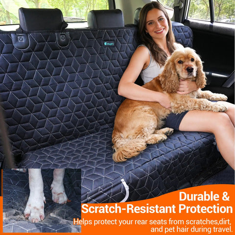 Waterproof Dog Car Seat Cover For SUVs Back Seat Heavy Duty Nonslip Bench Protector Fits RAV4 Honda Subaru Mazda CX5 Hyundai Tucson And More Keeps Seats Clean From Hair And Dirt with woman and dog on cover