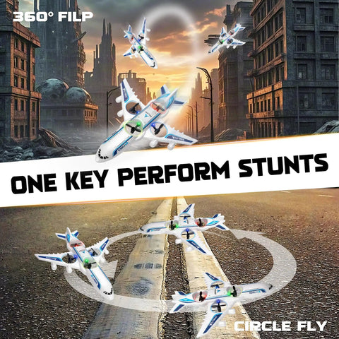 RC Drone Remote Control Airplane Ready To Fly Foam Jet Fighter performing stunts and 360-degree flips outdoors.