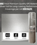 Heavy Duty Three In One Floor Underlayment Roll, 200 Square Feet, 3 Mm Thick Epe Foam With Silver Foil Vapor Barrier and icons for sound reduction, moisture barrier, thermal insulation.