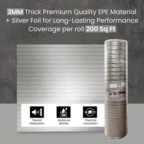 Heavy Duty Three In One Floor Underlayment Roll, 200 Square Feet, 3 Mm Thick Epe Foam With Silver Foil Vapor Barrier and icons for sound reduction, moisture barrier, thermal insulation.