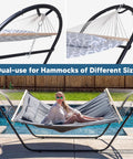 Universal Steel Outdoor Hammock Stand For All Styles Heavy Duty Weather Resistant Frame For Backyard Or Patio Setup Fits 9.5 To 14 Foot Hammocks 475 Pound Capacity Patent Pending Black with hammock installed by poolside