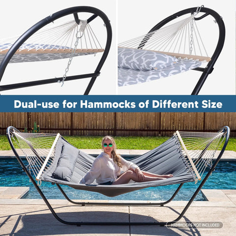 Universal Steel Outdoor Hammock Stand For All Styles Heavy Duty Weather Resistant Frame For Backyard Or Patio Setup Fits 9.5 To 14 Foot Hammocks 475 Pound Capacity Patent Pending Black with hammock installed by poolside