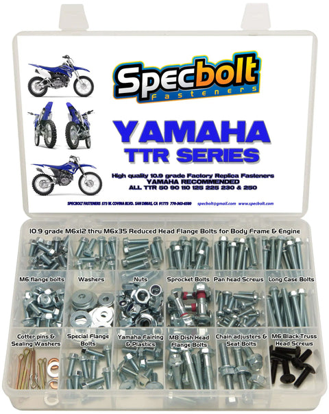 250 Piece Bolt Fasteners Kit For TTR Series Motorcycles with flange bolts, nuts, sprocket bolts, cotter pins, washers, OEM fasteners.