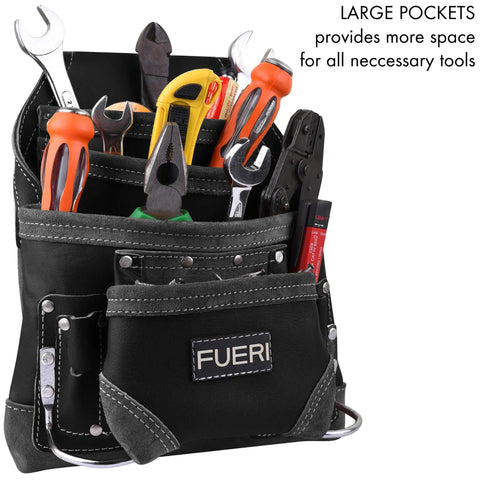 Black Full Grain Leather Tool Pouch With 10 Pockets And Dual Hammer Holster holding assorted tools including screwdrivers and pliers