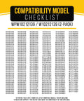 Refrigerator Door Shelf Bin Replacement 2-Pack compatibility checklist showing model numbers for Whirlpool, Maytag, KitchenAid.