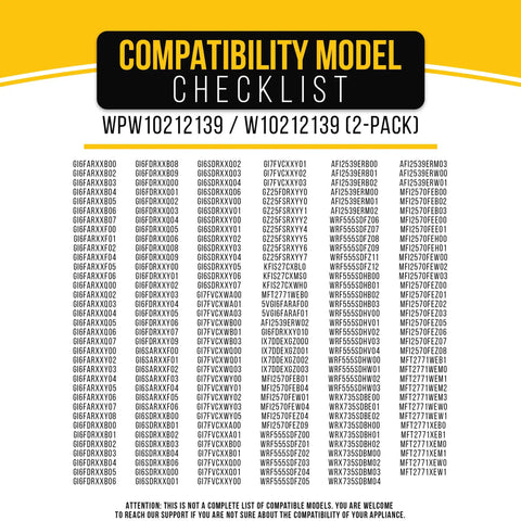 Refrigerator Door Shelf Bin Replacement 2-Pack compatibility checklist showing model numbers for Whirlpool, Maytag, KitchenAid.