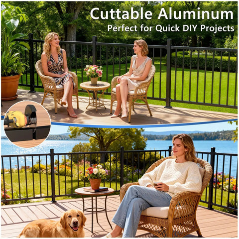 Modular Aluminum Deck Railing Kit 6 Ft By 36 In 1 Plus 1 System for quick install on outdoor deck with wicker chairs and dog.