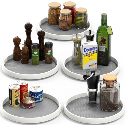 12 Inch Lazy Susan Spice Organizer Rotating Tray Set 5 Pack Non Slip Rimmed Edge with jars and condiments displayed
