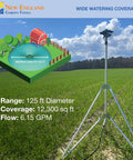 Beefy Tripod Sprinkler With 125 Ft Coverage 360 Degree Range Adjustable Height on green field showcasing irrigation range diagram