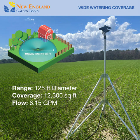 Beefy Tripod Sprinkler With 125 Ft Coverage 360 Degree Range Adjustable Height on green field showcasing irrigation range diagram