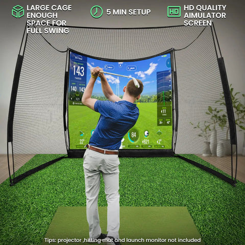 Backyard Golf Practice Net 11x8 Feet With Impact Screen And Target Cloth set up indoors, golfer practicing swing.