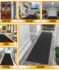 Collage of Hallway Runner Rug 2 Foot By 6 Foot Durable Non Slip Mat With Scraper Pile in various locations like entryway, patio, and kitchen.