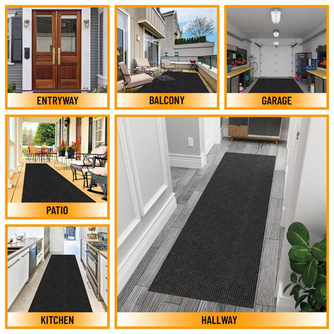 Collage of Hallway Runner Rug 2 Foot By 6 Foot Durable Non Slip Mat With Scraper Pile in various locations like entryway, patio, and kitchen.