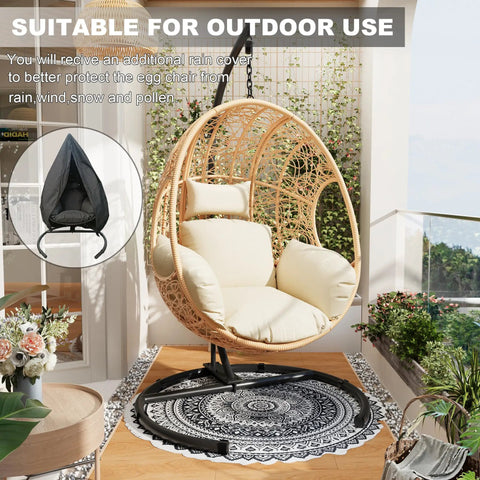 Oversized Hanging Egg Chair With Stand For Indoor And Outdoor Use Wicker Swing Chair With 400Lb Capacity Perfect For Bedroom Patio Garden Or Balcony Beige Nest Extra Wide Comfort For One Person on a balcony with a cover