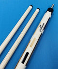 Top Shelf Carom Pool Cue For Three Cushion Billiards featuring S30 E71 maple shafts and VP2 joint on a blue backdrop.