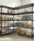 Beefy Heavy Duty 5 Tier Wire Shelving Unit, 73 Inch Wide, 71 Inch High, 17.7 Inch Deep, garage pantry storage loaded with food bins