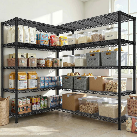 Beefy Heavy Duty 5 Tier Wire Shelving Unit, 73 Inch Wide, 71 Inch High, 17.7 Inch Deep, garage pantry storage loaded with food bins
