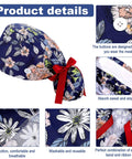 8 Pack Women's Scrub Caps With Buttons In Eight Different Patterns detail view showing floral design and red ribbon