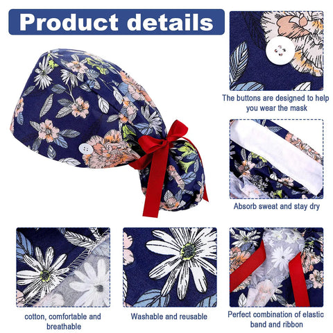 8 Pack Women's Scrub Caps With Buttons In Eight Different Patterns detail view showing floral design and red ribbon