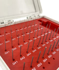 Pro Grade Pin Gauge Set 50 Piece In Bearing Steel, Heat Treated And Burr Free, With Sturdy Storage Case, Precision 0.011 To 0.060 Inches, Great For Machining, Alignment, And Tight Tolerances. open case with labeled pin gauges 0.011-0.060 inches