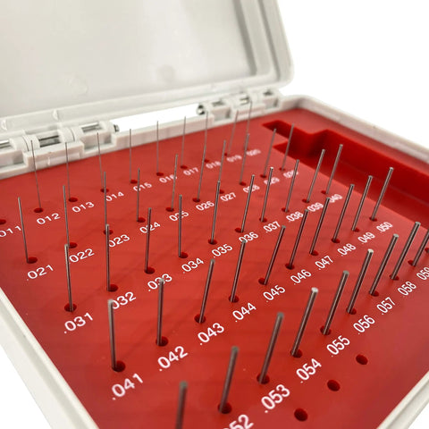 Pro Grade Pin Gauge Set 50 Piece In Bearing Steel, Heat Treated And Burr Free, With Sturdy Storage Case, Precision 0.011 To 0.060 Inches, Great For Machining, Alignment, And Tight Tolerances. open case with labeled pin gauges 0.011-0.060 inches