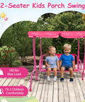 Two Seat Kids Porch Swing With Adjustable Canopy And Safety Belts Outdoor Lounge Chair On Metal Stand Two Seater Hanging Swing Bench For Backyard Patio Lawn Garden Mermaid Pink Fun