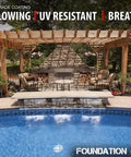 Heavy Duty Low Gloss Wet Look Concrete Sealer One Gallon displayed near a pool with stylish seating and stone fireplace.
