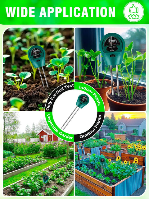 Soil test probe in garden with seedlings, showing use with Self Watering Seed Starter Tray With Grow Light And Heat Mat 80 Cell Kit